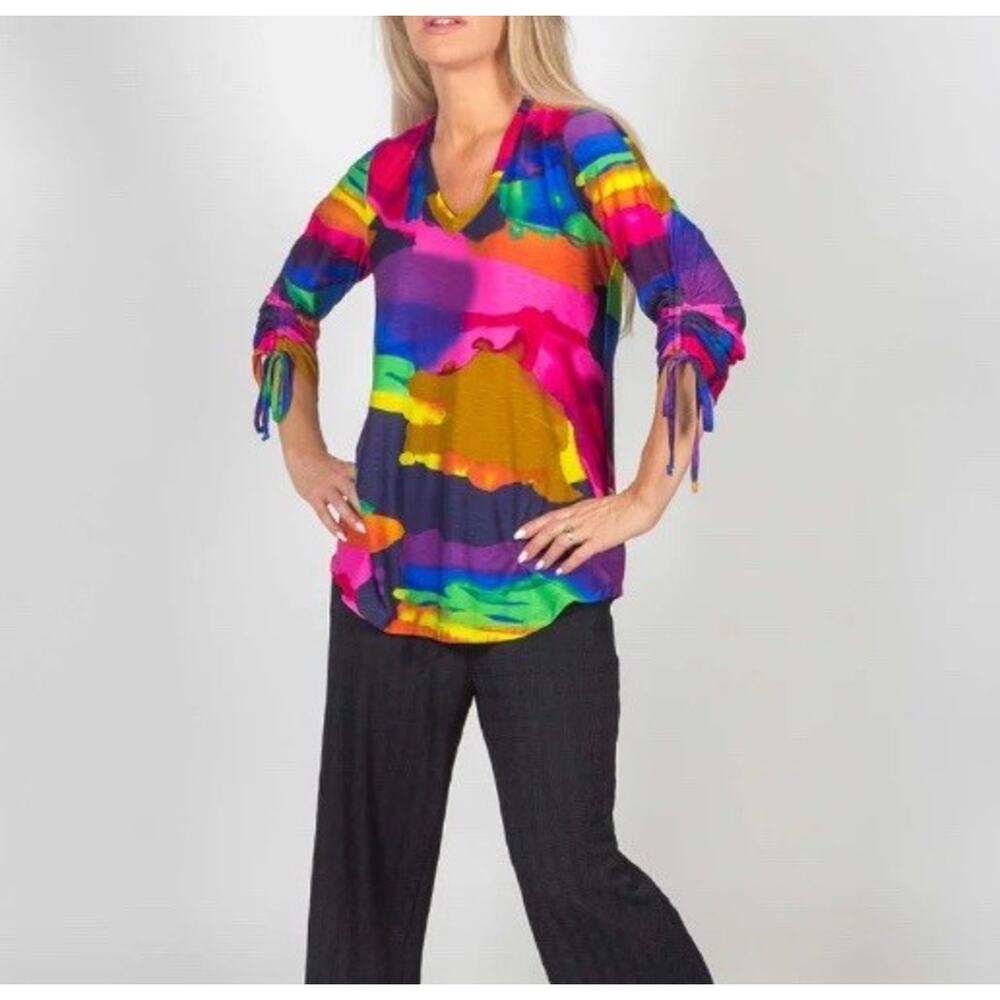 Pure Essence Size Small Multicolor Abstract Print 3/4 Cinch Sleeve Top